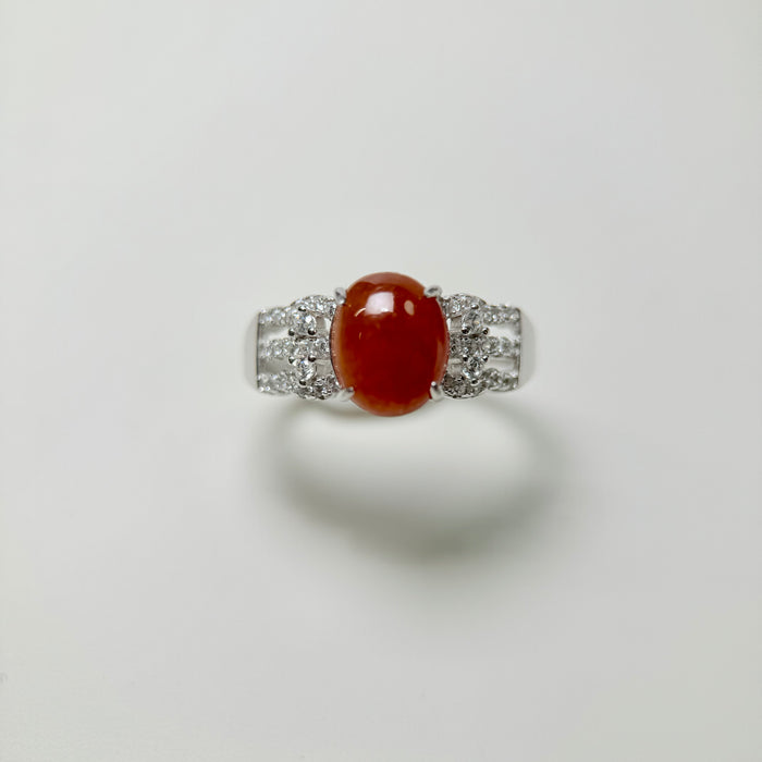 Crimson Ember – Icy Red Jadeite Cabochon Ring (S925 Silver)