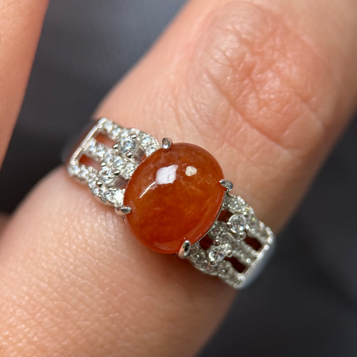 Crimson Ember – Icy Red Jadeite Cabochon Ring (S925 Silver)