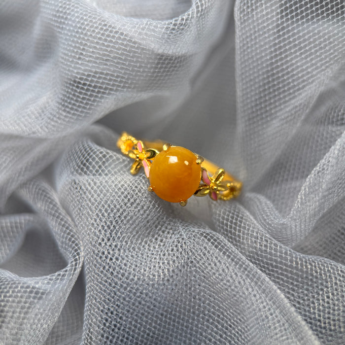 Golden Bloom – Icy Yellow Jadeite Cabochon Ring (S925 Silver, Gold Finish)