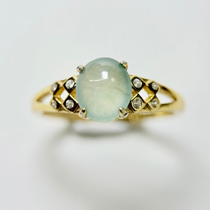 Celestial Glint – Icy Pastel Green Jadeite Cabochon Ring (S925 Silver, Gold Finish)