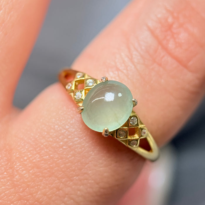 Celestial Glint – Icy Pastel Green Jadeite Cabochon Ring (S925 Silver, Gold Finish)