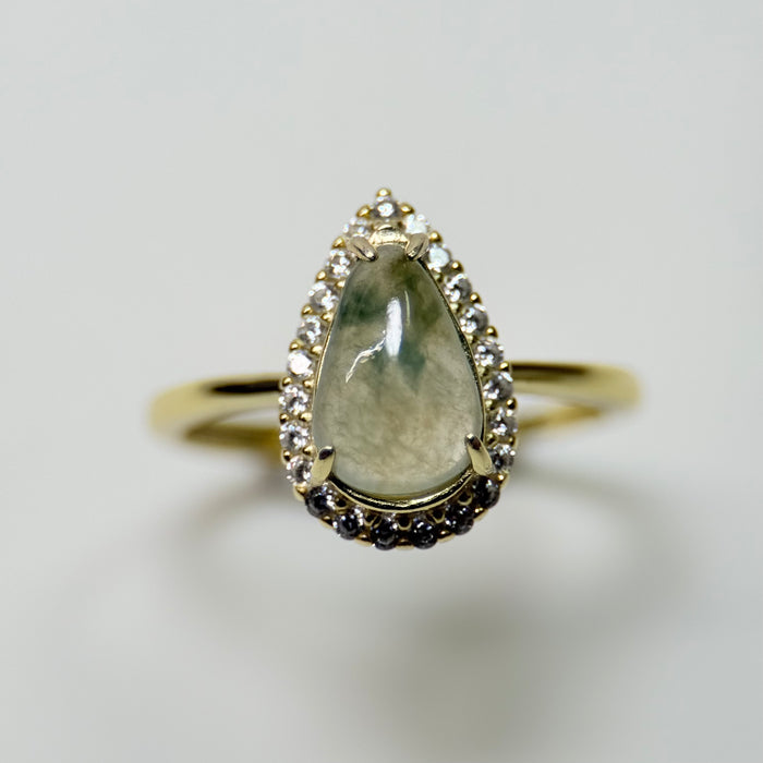 Tear of Dawn – Icy Piao Hua Jadeite Teardrop Ring (S925 Silver, Gold Finish)