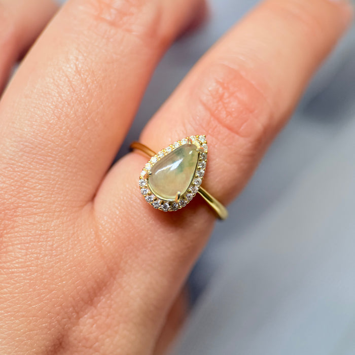 Tear of Dawn – Icy Piao Hua Jadeite Teardrop Ring (S925 Silver, Gold Finish)