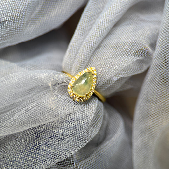 Tear of Dawn – Icy Piao Hua Jadeite Teardrop Ring (S925 Silver, Gold Finish)