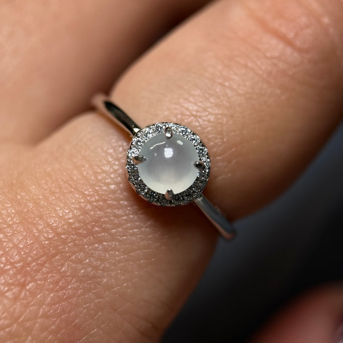 Icy White Cabochon S925 Silver Halo Ring