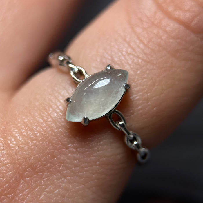 Marquise Icy White Type-A Jadeite Cabochon S925 Silver Ring