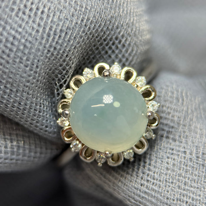 Round Icy Blue-Grey Type-A Jadeite Cabochon S925 Silver Ring