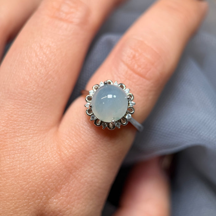 Round Icy Blue-Grey Type-A Jadeite Cabochon S925 Silver Ring