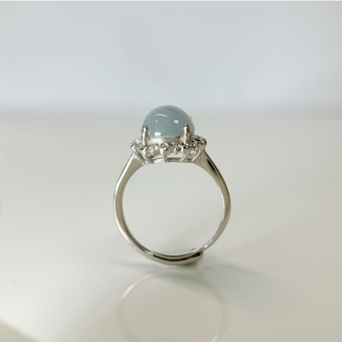 Round Icy Blue-Grey Type-A Jadeite Cabochon S925 Silver Ring