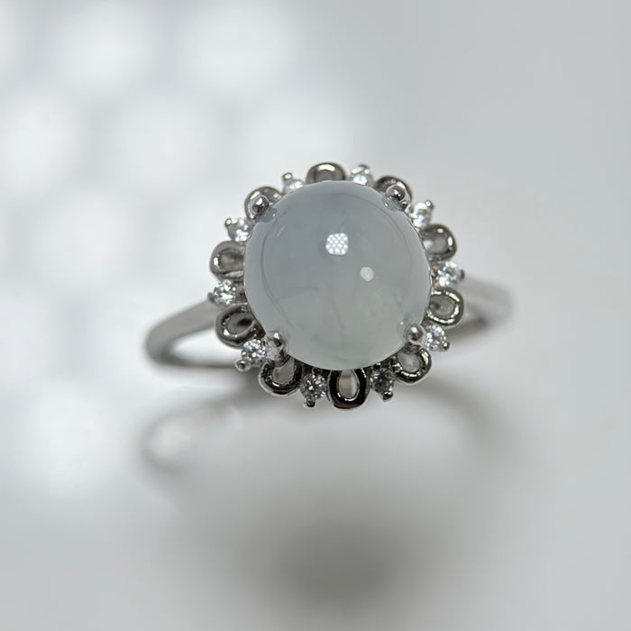 Round Icy Blue-Grey Type-A Jadeite Cabochon S925 Silver Ring