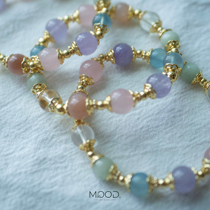 Rainbow Paradise | rose quartz, sunstone, citrine, hiddenite, aquamarine, lavender quartz bracelet